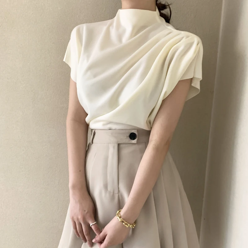 Ele Semi-High Collar ort Sve irt Women's Design Sense Pleated Slimming Top Summer Faion Casual Loose Fit