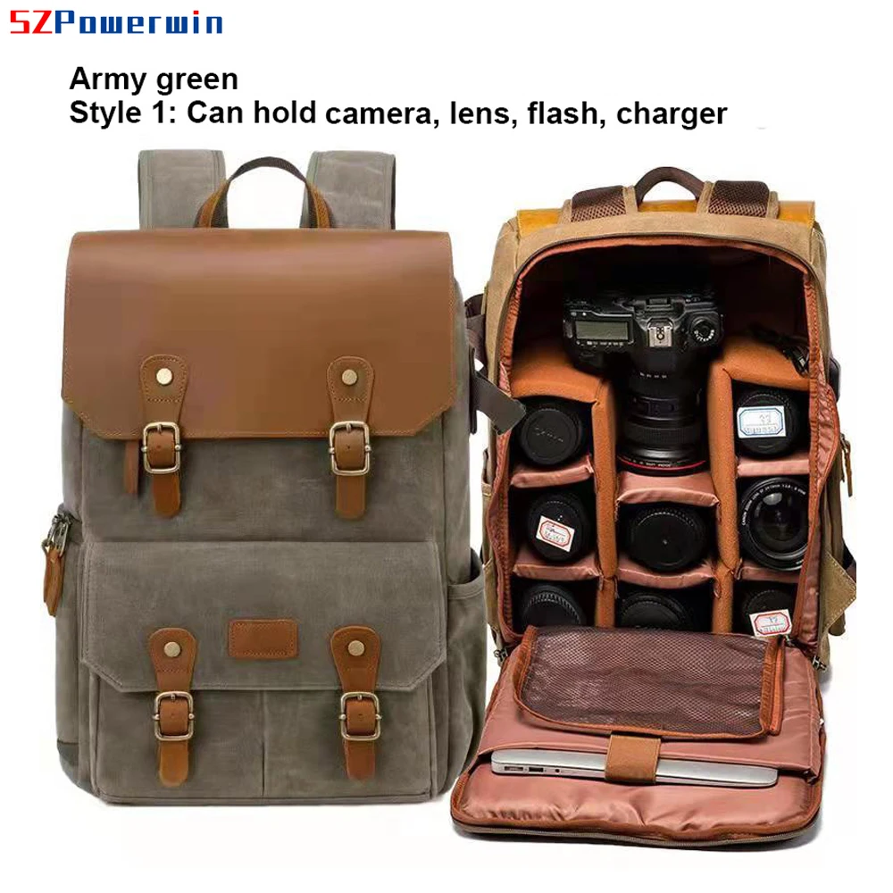 Imagem -04 - Powerwin Impermeável Dslr Slr Câmera Bolsa de Couro Cavas Anti-roubo Mochila para Lente Drone Computador Tripé Monopé Flash Carregador