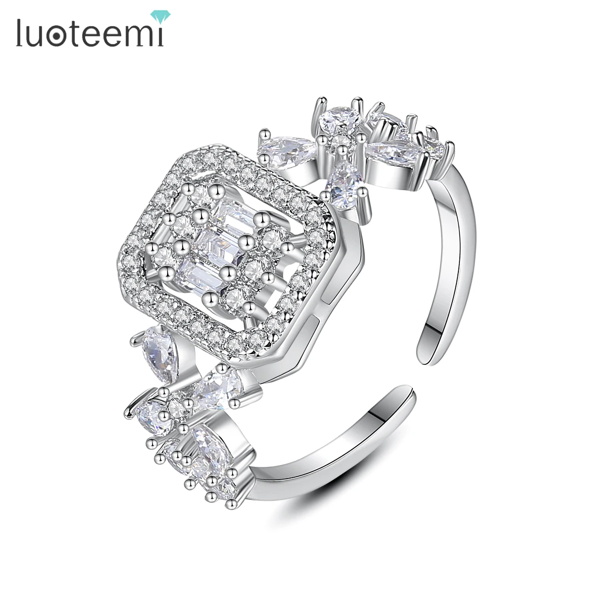 

LUOTEEMI Square Cubic Zirconia Open Rings for Women Flower Surrounded Adjustable Girl Accessories Wedding Bridal Aesthetic Ring