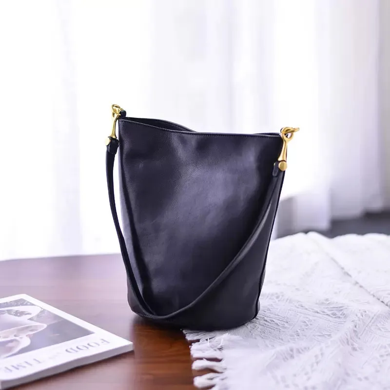 Simple vintage designer genuine leather women's bucket bag fashion outdoor party natural first layer cowhide female shoulder bag