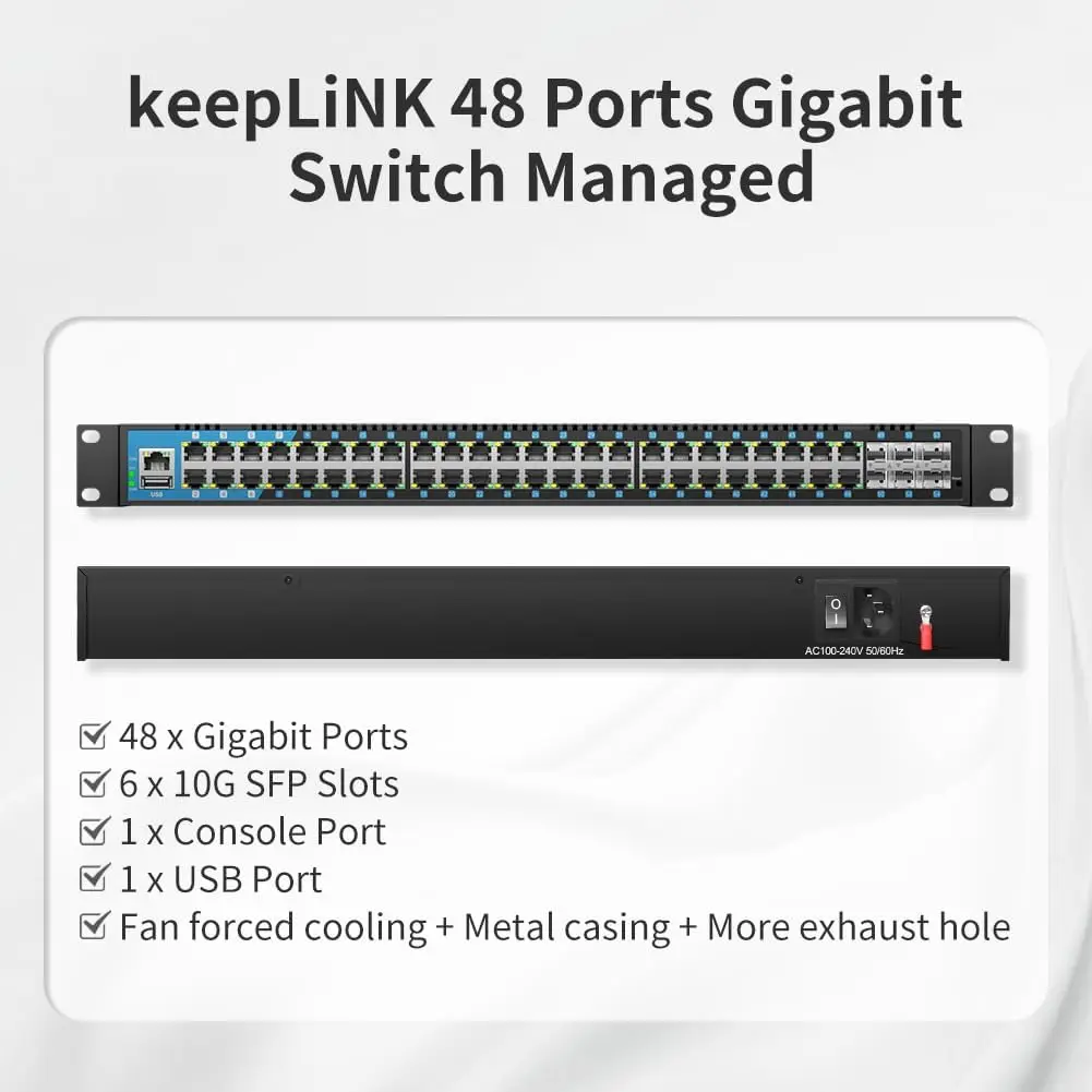 KeepLiNK 48-Port Gigabit Network Switch Managed 6 X 10G SFP 1 X Console 1 X USB IPv6|Static Routing for Desktop Rackmount Stock