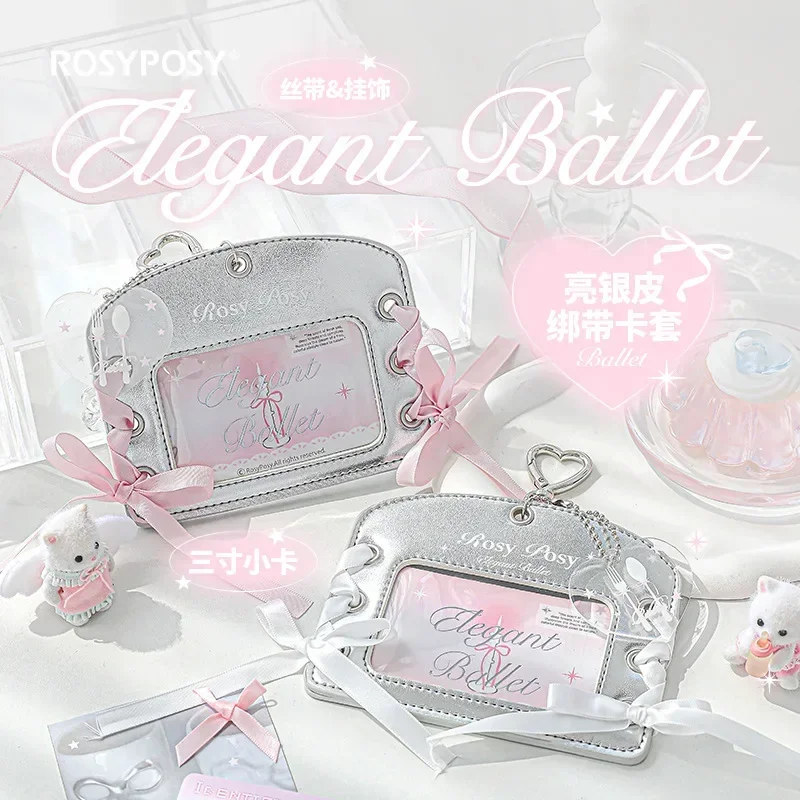 1Pc Y2K Ballet Style Silver PU Ribbon Bow ID Card Holder Cute Chic Girl Kpop Idol 3-inch Photocard Display Bag Keychain Pendant