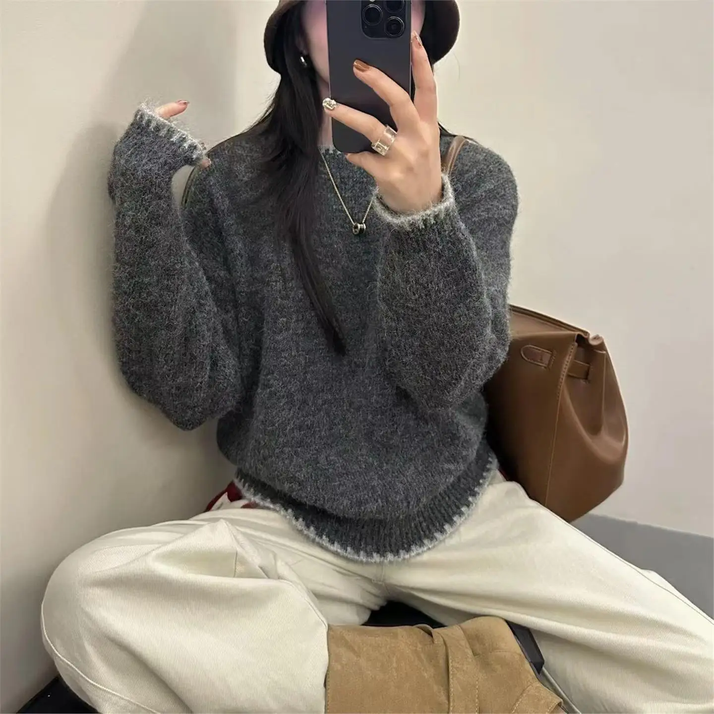 

Свободный вязаный свитер, женский круглый Ne, повседневная внутренняя одежда, топ, осень-зима, Новое поступление, корейский Sle Lazy Faion