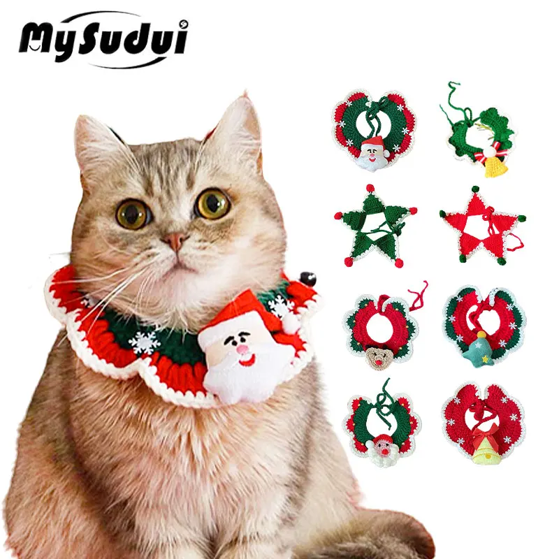 Cute Pet Bandana Scarf Christmas Knitted Soft Kitten Puppy Bibs Winter Warm For Cat Dog Christmas Decoration Pet Accessories