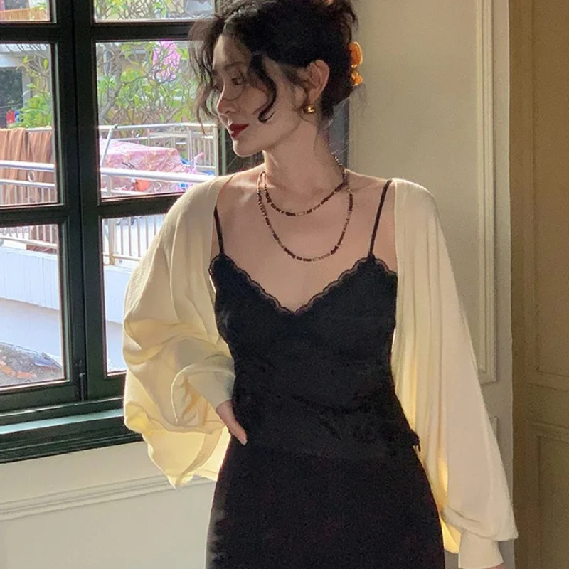 Women's Lantern Sleeve Ice Silk Sun Protection Camisole Knit Cardigan Jacket Thin Shawl Summer Outfit Long Skirt Set