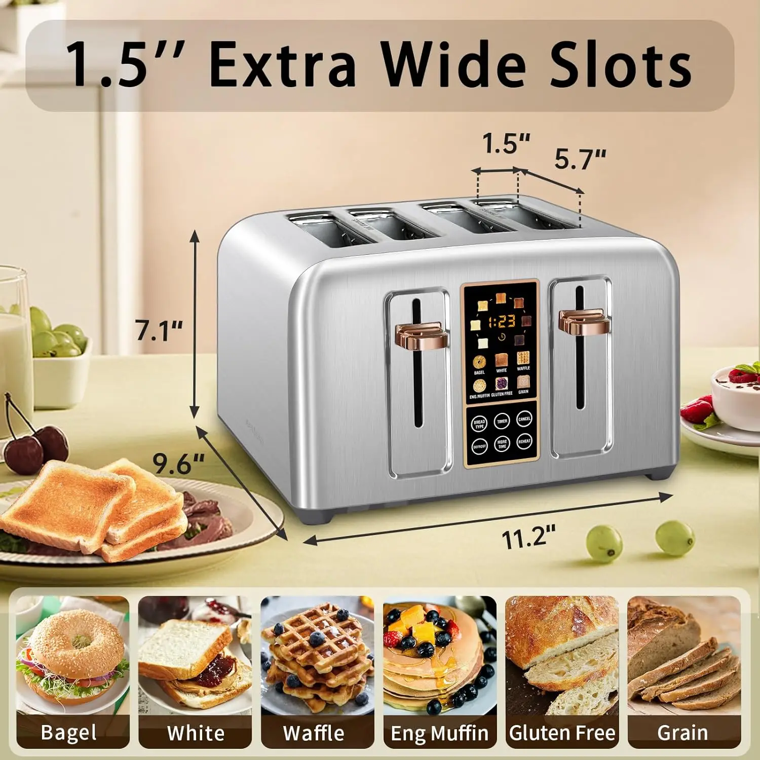 Stainless Toaster LCD Display&Touch Buttons, 6 Bread Selection, 7 Shade Settings, 1.5''Wide Slots Toaster, Cancel/Defrost/Reheat