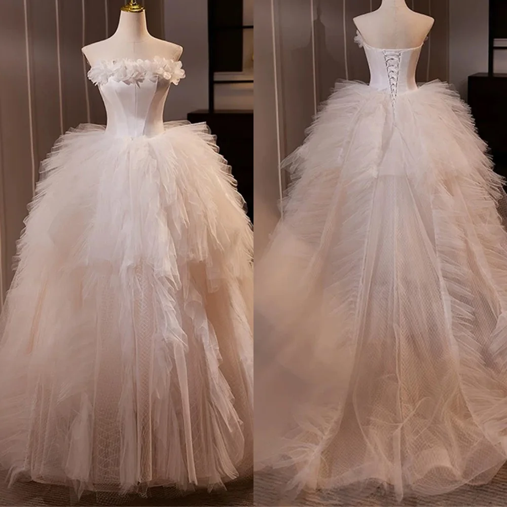 

Customized Delicate Ivory Tulle Evening Dress Temperament Strapless Sleeveless Lace Up Back Flowers Special Occasion Gowns
