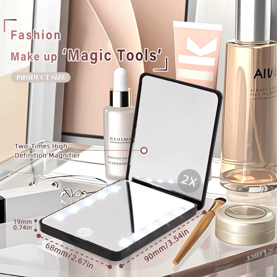 LED 3-Color Dimmable Double-Sided Mirror (HD + 2x) - Ultra-Thin Foldable, Ins Style, Travel Touch-Up, Gift for Women