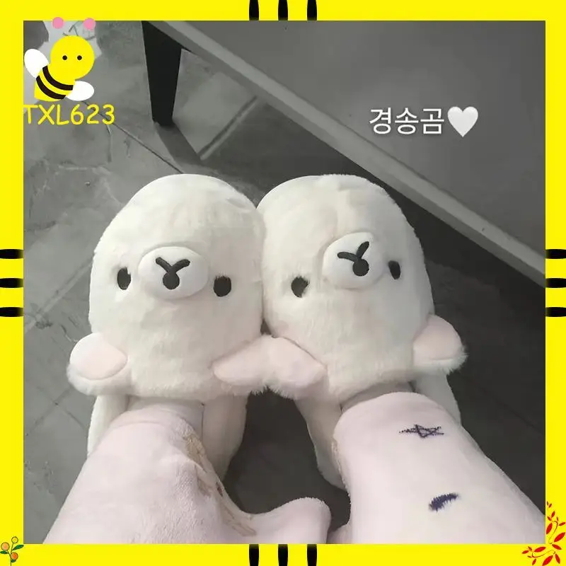 Zapatillas de algodón Kawaii Bear Rilakkuma, bonitas zapatillas planas con punta cerrada para hombres y mujeres, zapatos de invierno con dibujos animados para el hogar, calzado para parejas