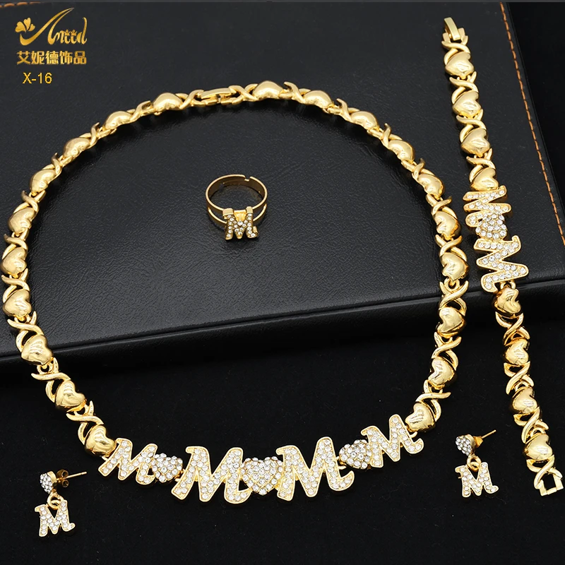 XUHUANG XOXO Women Necklace Set 18K Gold Color Bride M&M Crystal Wedding Necklace Earrings Bracelet Ring Jewelry Set Party Gift