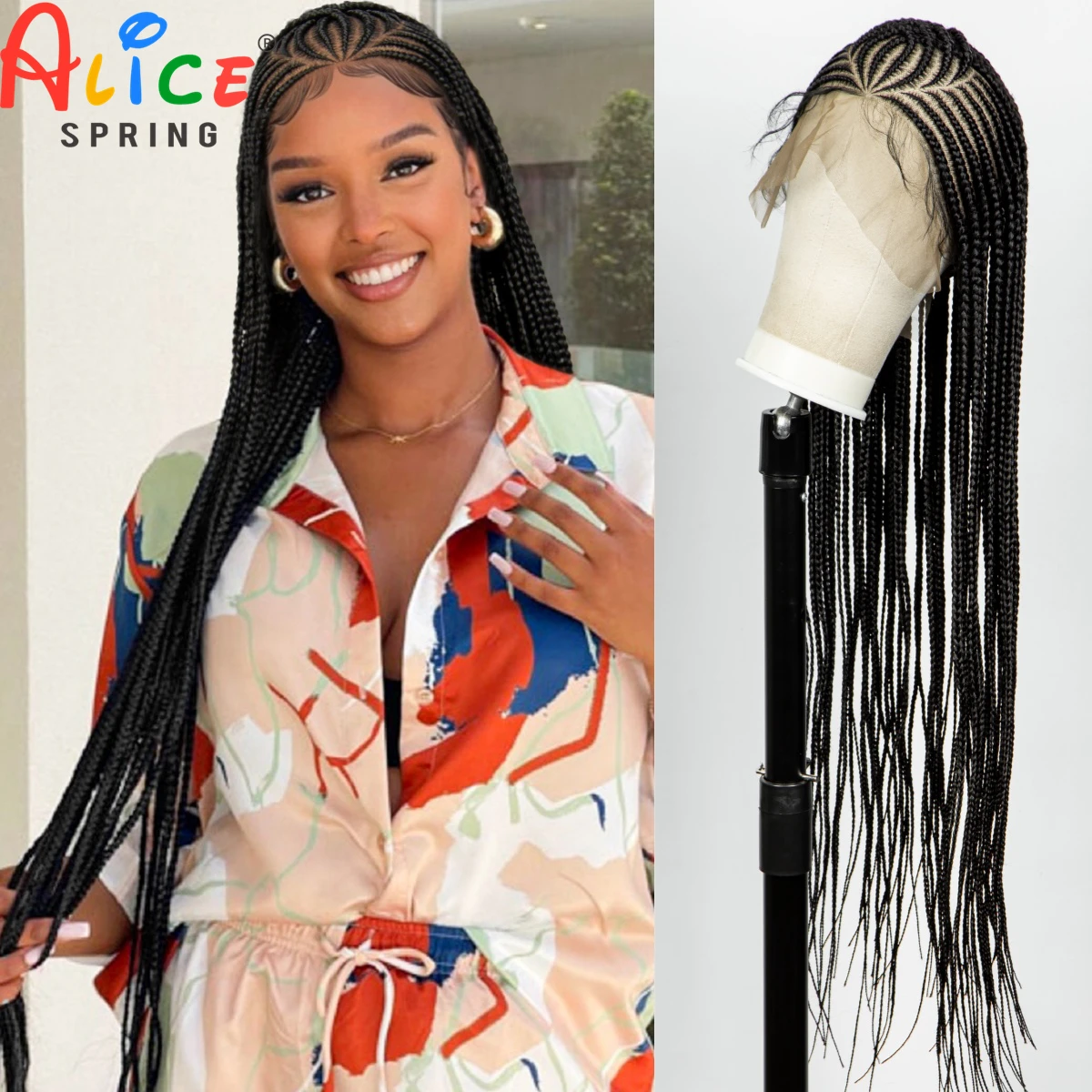 

36inch Handmade Cornrow Braided Wigs Full Lace Braids Wig Synthetic Knotless Box Braided Lace Wig with Baby Hair For Black Women