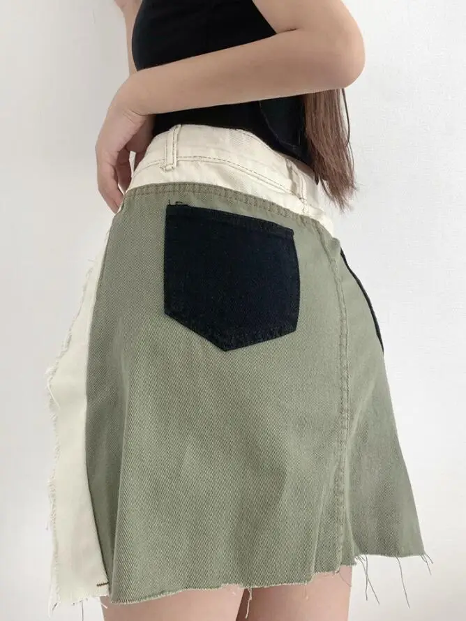 Fashion Patchwork Denim Skirt Women's High Waist Spell Color Streewear A-Line Mini Skirt 2023 New Trendy q100