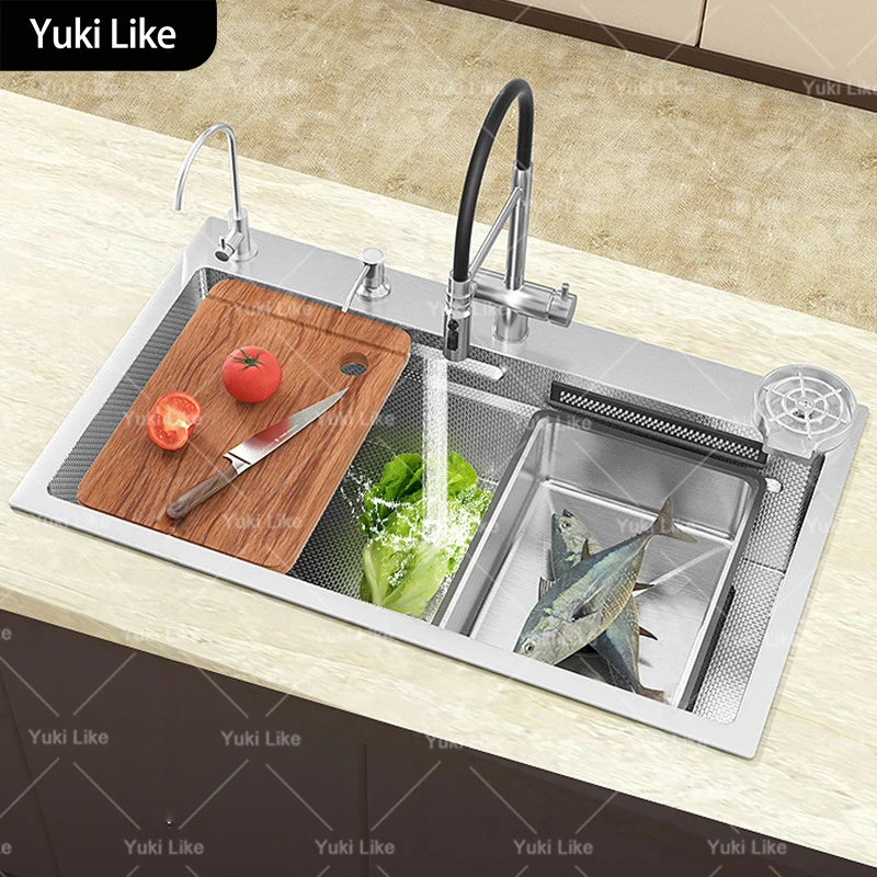 

Многофункциональная кухонная мойка из нержавеющей стали 304 с эффектом водопада, серебристая, устойчивая к царапинам и истиранию, большая одинарная врезная раковина