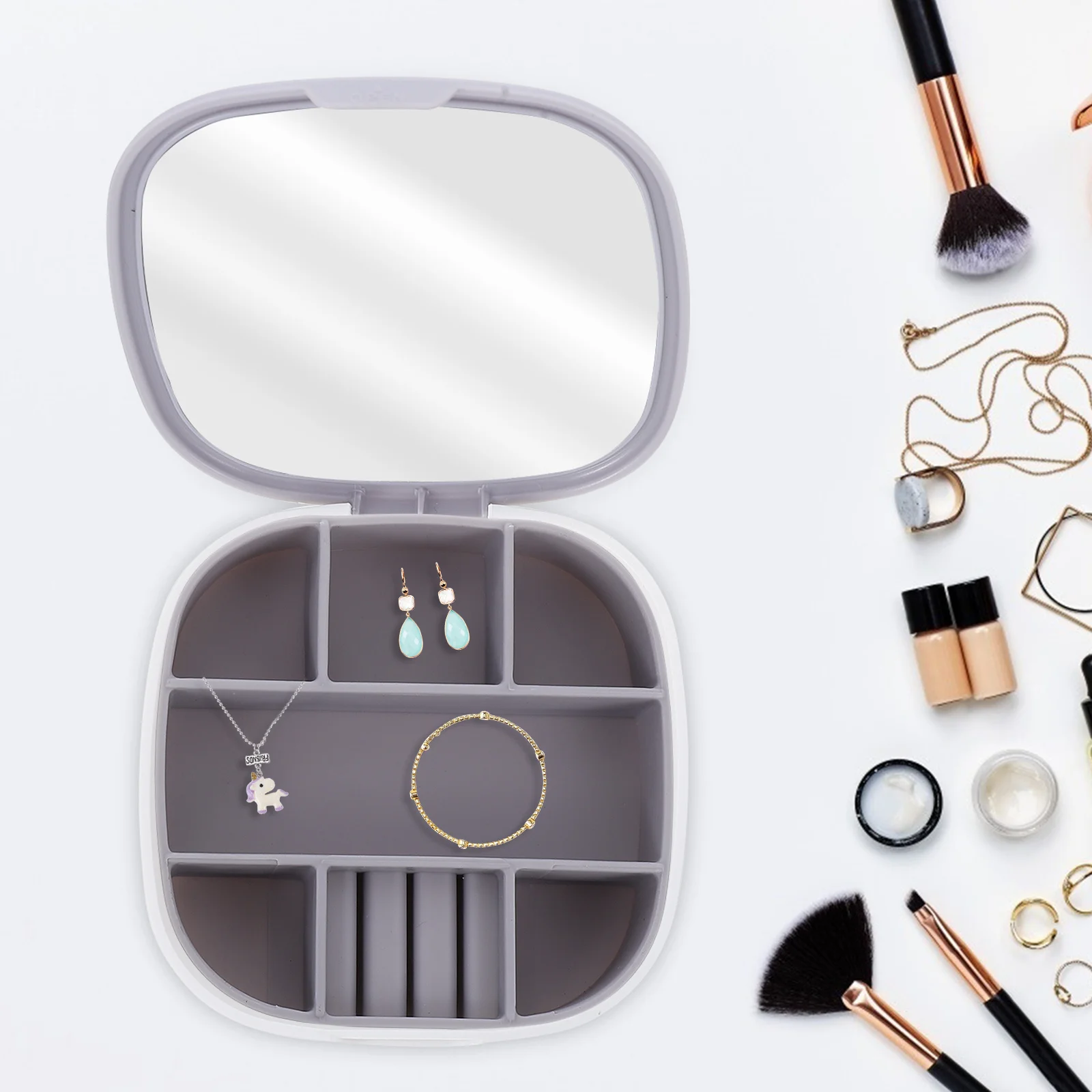 

Portable Jewelry Storage Box Mini Multi-Grid Organizer Necklace Earrings Case with Mirror Small Items Earrings Organizing Case