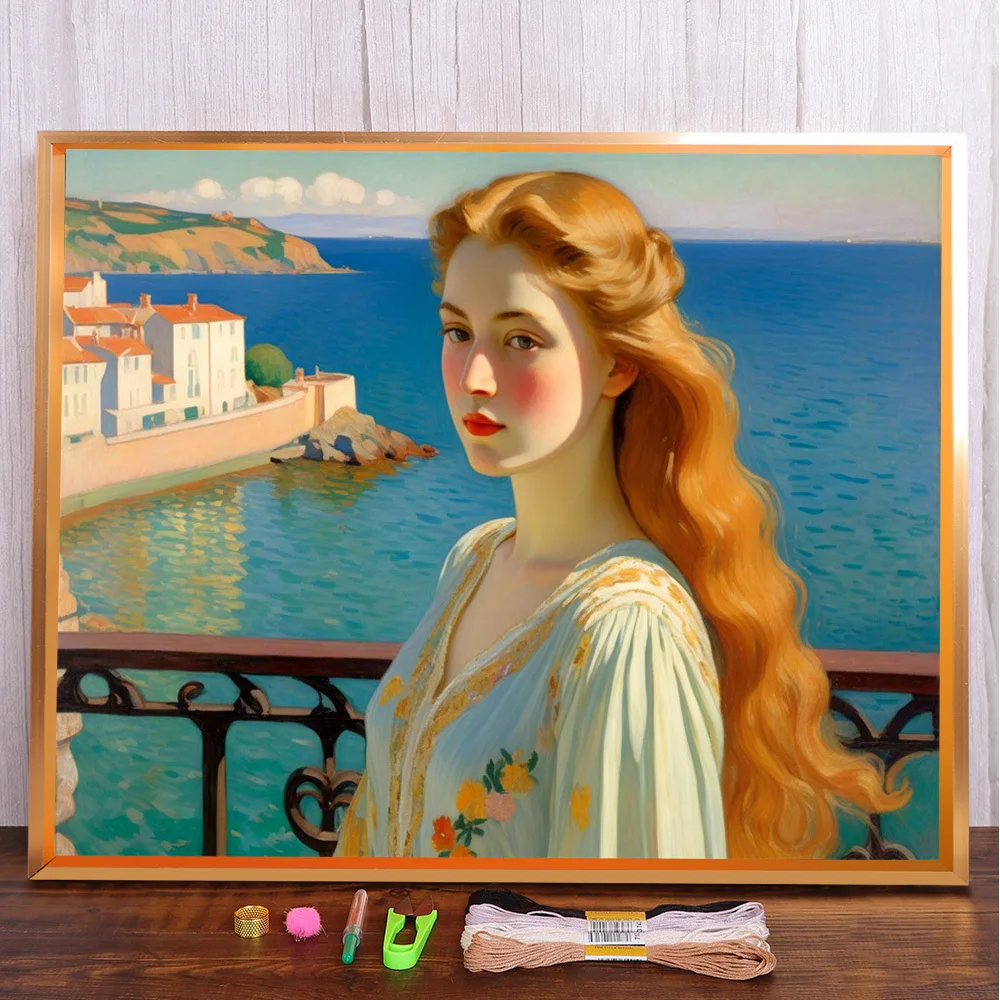 

Poortrait Girl Printed Canvas Cross-Stitch DIY Embroidery Kit Needlework Craft Painting Handicraft Package Home Decor Counted