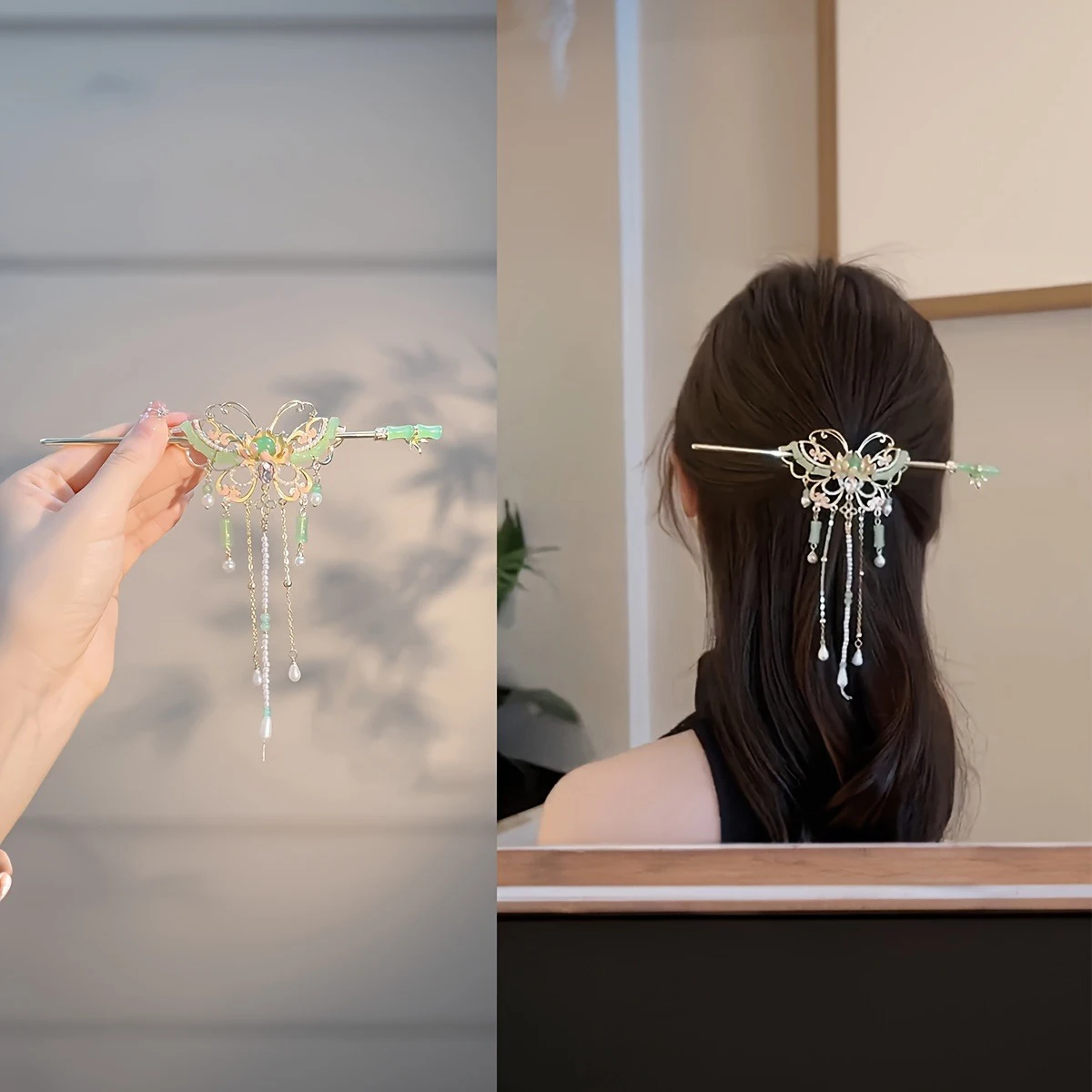 1pc Retro Chinese Butterfly Hairpin Elegant Resin Tassel Luxury Hairpin Suitable Festival Party Fashion Jewelry Hair Accessories