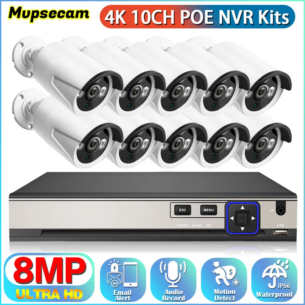 4K HD PoE Video Surveillance Cameras System 10CH NVR Kit Audio Record Outdoor Indoor Waterproof 8MP IP Camera CCTV Security Set