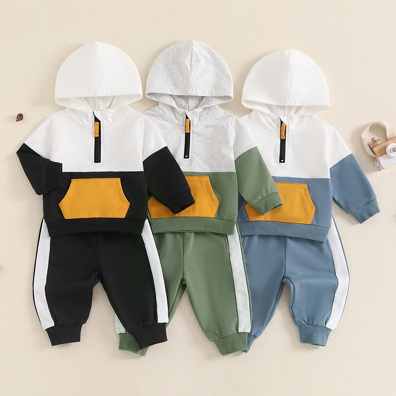 Conjunto de sudadera con capucha de manga larga con bolsillos delanteros y pantalones elásticos para bebé, conjunto de 2 piezas, colores de contraste, otoño, 0-3 años