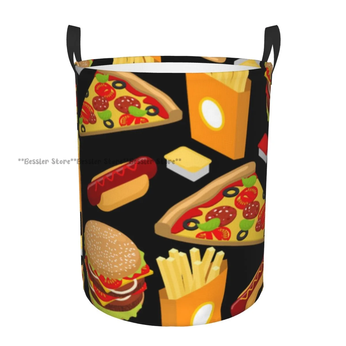 Folding Laundry Basket Hamburger And French Fries Round Storage Bin Collapsible Hamper Clothes Bucket Organizer