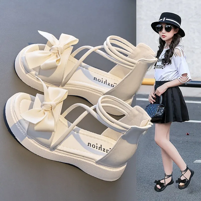 

New 2025 Children's Sandals for Girls Shoes for Kids Gladiator Summer Soft Flat Heels Beach Princess Fashion Bow Tie Shoes 26-37