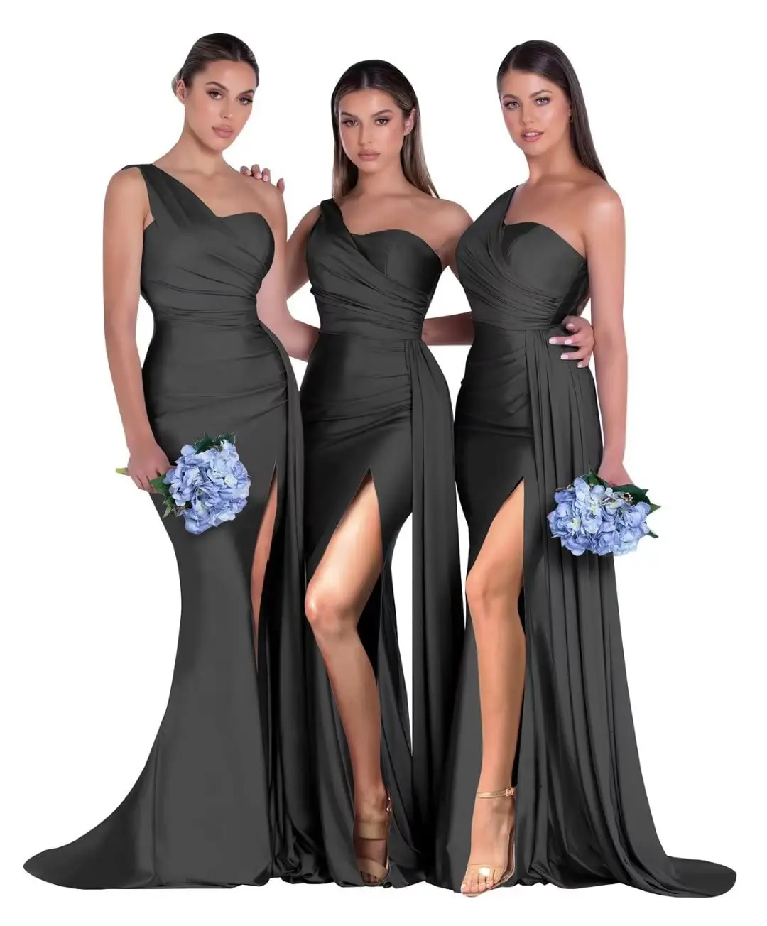 2022 One Shoulder Satin Prom Bridesmaid Dresses Elegant Tight Long Ruched Formal Evening Gowns Mermaid With Slit Vestido فستان