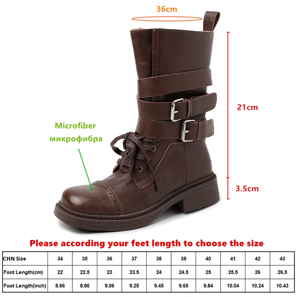 MILI-MIYA Fashion Wrap Strap Buckle Mid-Calf Boots Black Brown British Style Round Toe Casual Cross Tied Thick High Heels Shoes