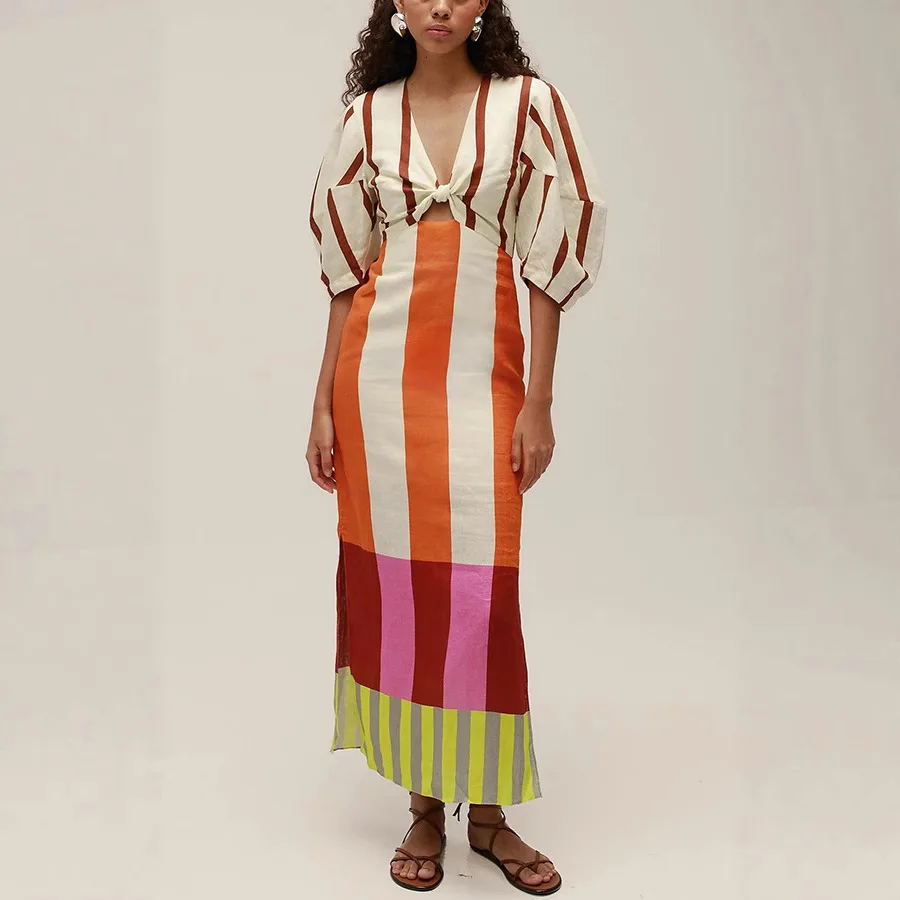 Women Fashion Linen Material  Fashion Chic Print Long Party Dresses Sexy V-neck Hollow Out High Waist Party Dress Lady Robes