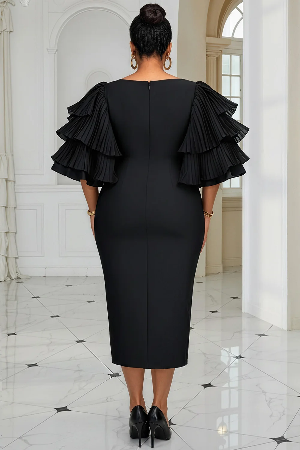 بالإضافة إلى حجم الرسمي الأسود جولة الرقبة نفخة الأكمام 3/4 كم الحفر أنيقة Bodycon فساتين متوسطة الطول