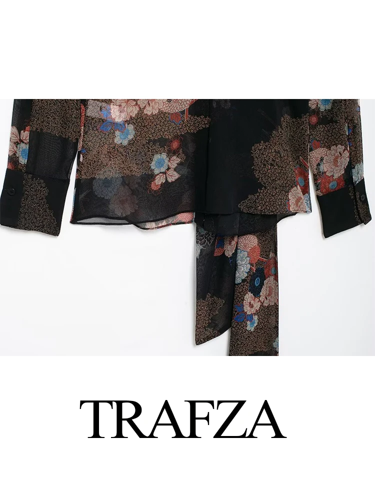 TRAFZA Women Autumn New Fashion Versatile Floral Print Sweet Long-Sleeved Shirt Female Elegant Slightly See-Through Shirt Mujer