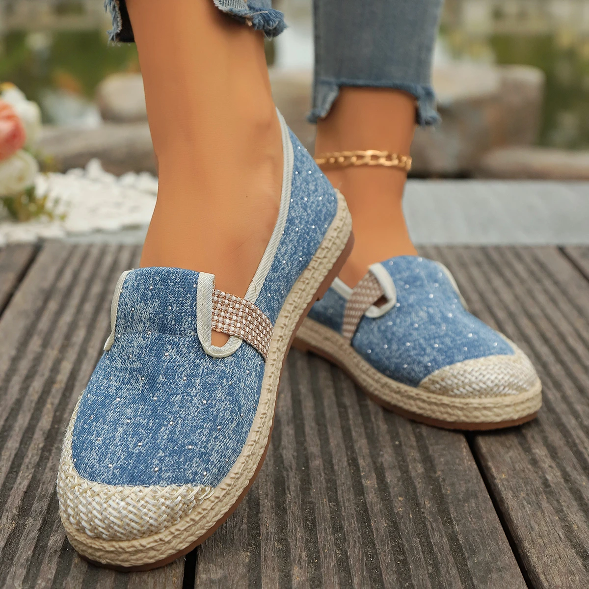 2024 New Round Toe Comfortable Casual Women\'s Shoes Hot Spring Autumn Elegant Breathable Shallow Mouth Blue Canvas Flat Shoes