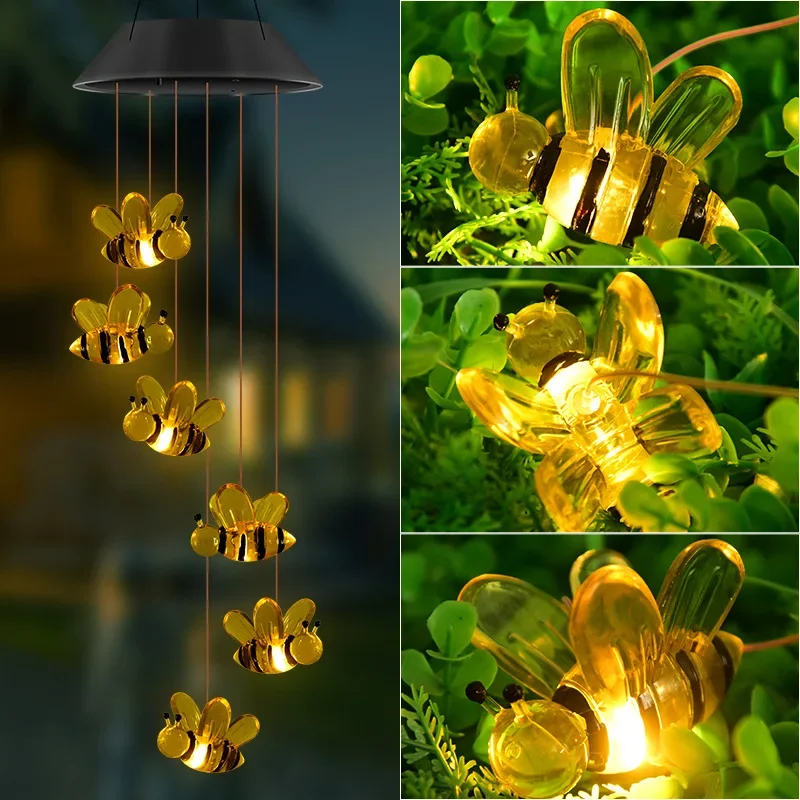 Outdoor Hanging Pendant Wind Bell Lamp Solar Powered Lamp Bee Wind Chime Outdoor Garden Hanging Decorative Light