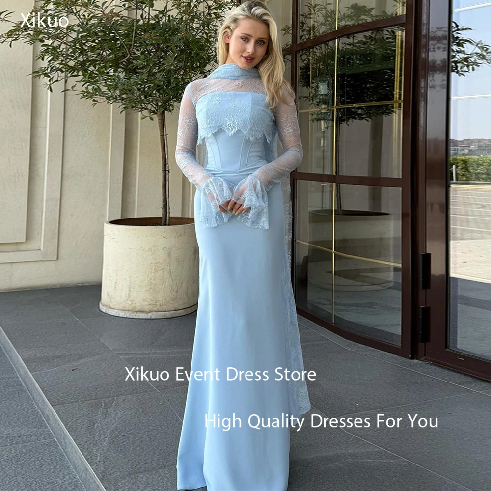 

Xikuo Fashion Blue Satin Evening Dresses Mermaid Lace Party Prom Gowns Long Sleeves Pleated Cocktail Robe De Soirée Customized