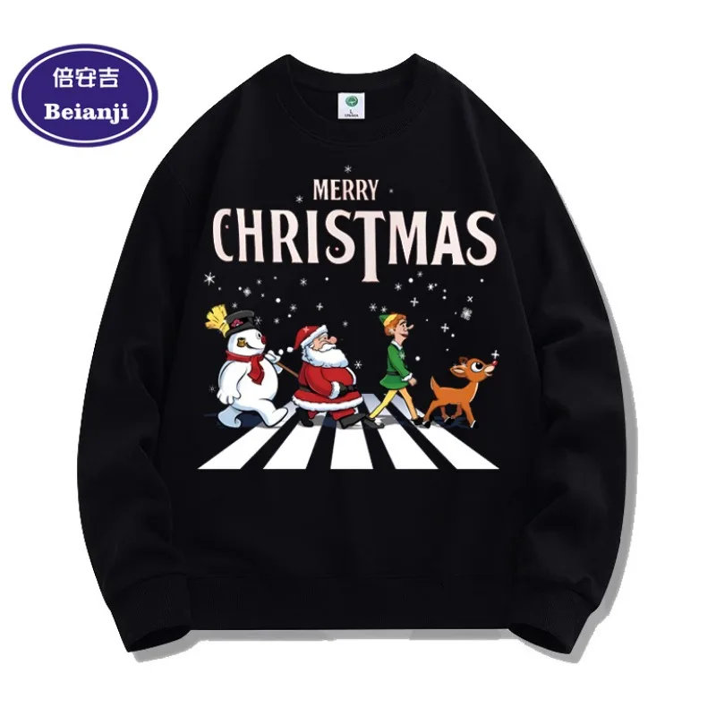 Beianji Christmas round neck sweatershirt plus cashmere men and women's autumn and winter New Year's design long sleeve t-shirt