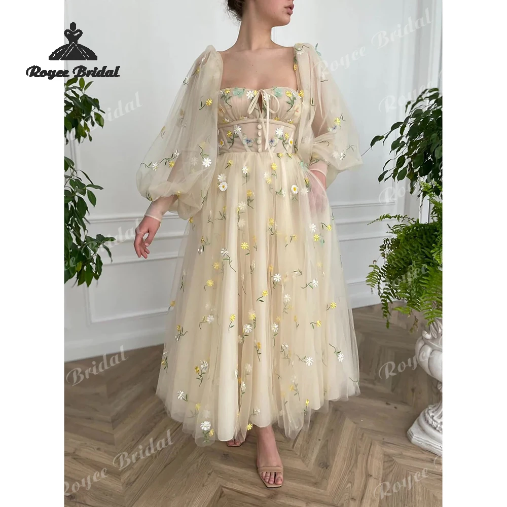 

Plant Embroidery A Line Prom Dresses 2026 Bow Square Collar Puff Sleeves Prom Gown Customized فساتين سهرات