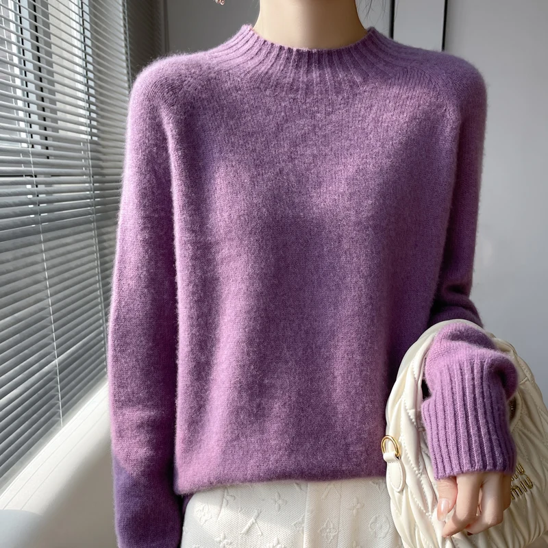 

Thickened 100% pure woolen sweater in winter, ladies' semi-high neck, loose high-grade cashmere knitted bottoming sweater.