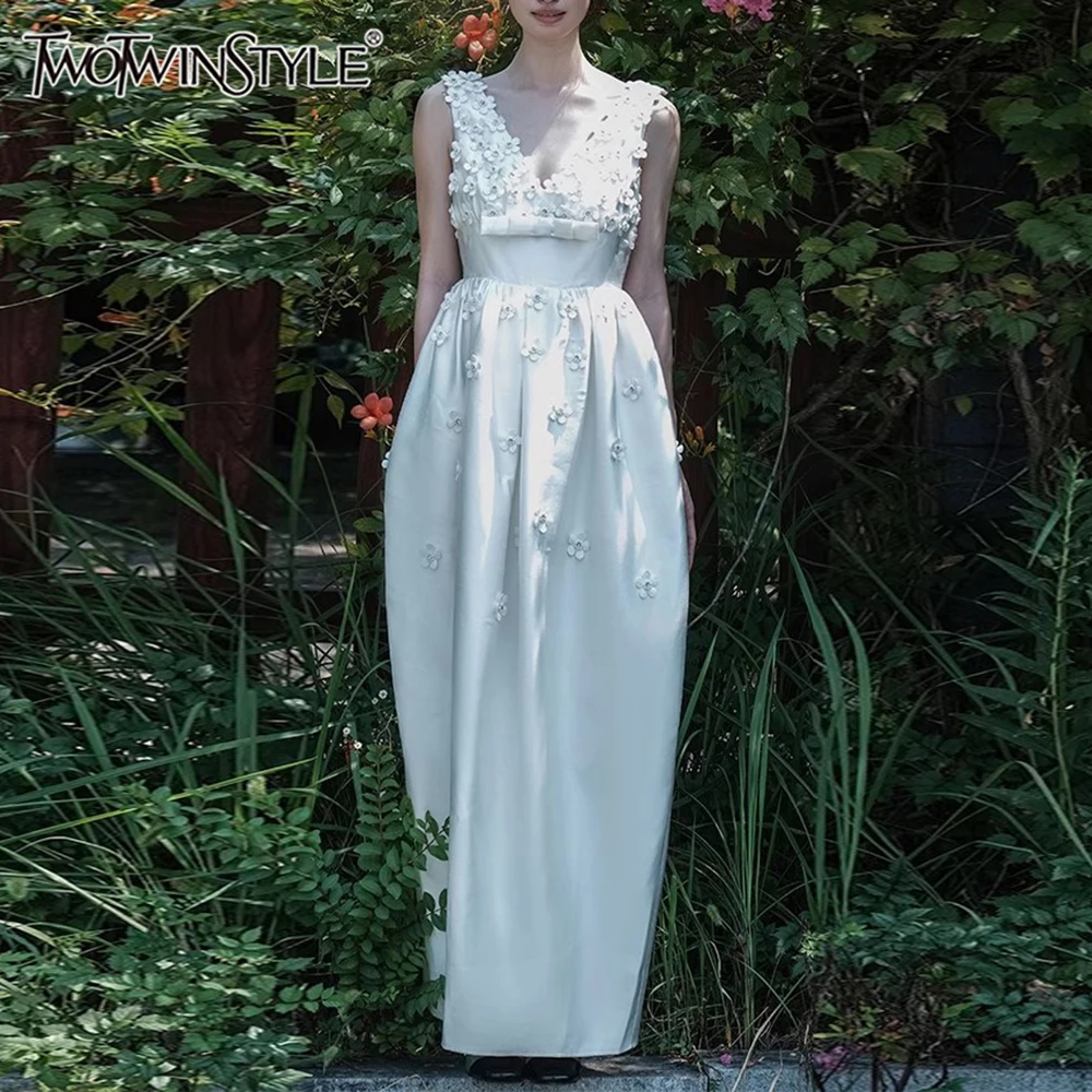 

TWOTWINSTYLE Solid Slimming Spliced 3D Flowers Midi Dresses for Women V Neck Sleeveless Patchwork Bow Elegant Dress Female New