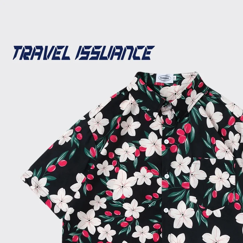Travel Issuance White Enhancing Klein Blue Floral Graffiti Loose Short Sleeve Summer Hawaiian Style Shirt Men's Fashion