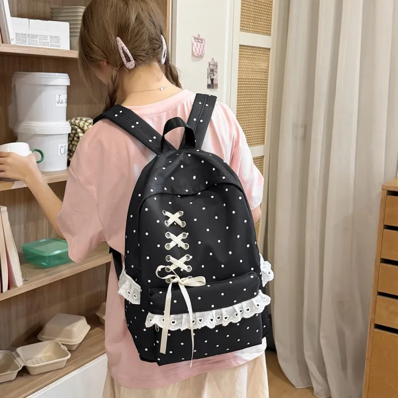Women Trendy Dot Pattern  Bag Large Capacity Multi Pockets Bowknot Daypack Soft Stylish Rucksack Travel Carrying Package