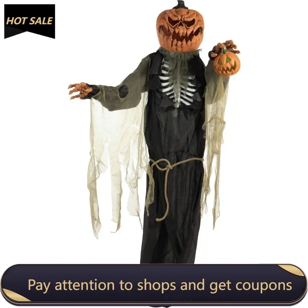 Life-Size Poseable Scary Talking Pumpkin Man, Battery-Operated Indoor or Covered Outdoor Halloween Decoration Freight free