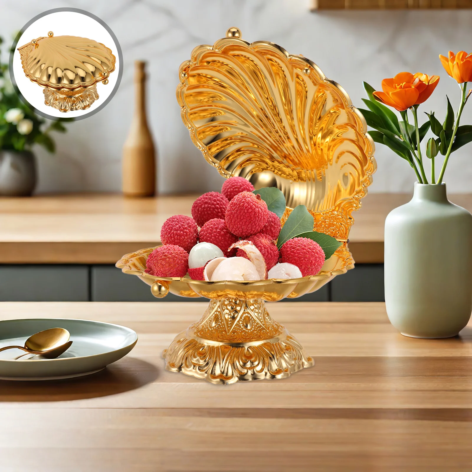 

Stylish Gold Seashell Footed Bowl Zinc Alloy Decorative Serving Tray Freshness Preservation Tabletop Fruit Basket