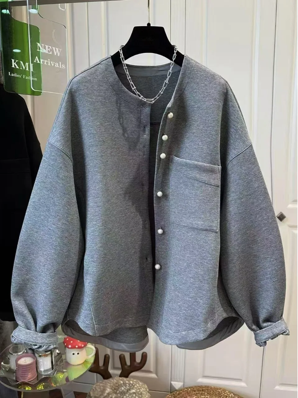 

Authentic 2025 ey round Ne Cotton Long Sve Women's Jaet Loose Fit Autumn Season Versatile Sle Button Closure