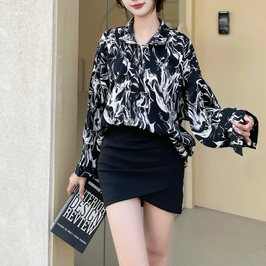 Chemise rétro à manches longues pour femmes, haut décontracté, impression en temps réel, impression d'encre, coréen, printemps, nouveau, grande taille, A465