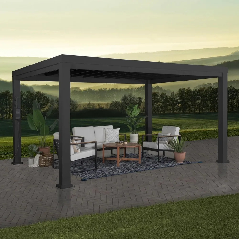 Trenton 14x12 All Season Galvanized Steel Pergola, Black, Sail Shade Soft Canopy, Rust Resistant, Support Wind and Snow, Patio