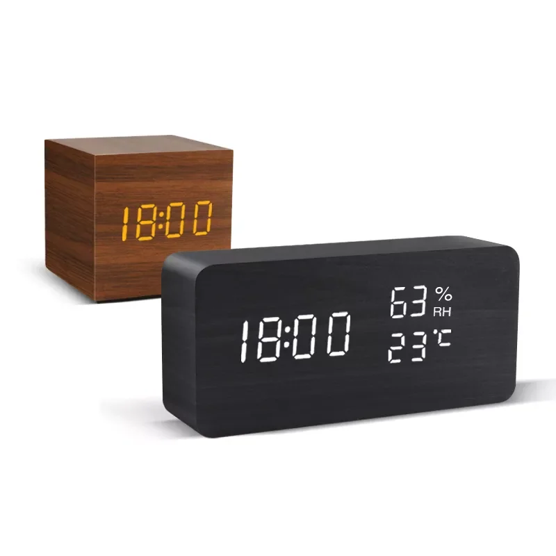 Electronic Desktop Alarm Clock with Voice Control, LED Wooden Watch Table, Digital Wood Watch, USB, AAA Powered