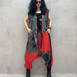 2024 Spring Autumn New Trendy Cool Personality Denim Patchwork Irregular Vest + Large Crotch Pants Two-piece Set Women LX229