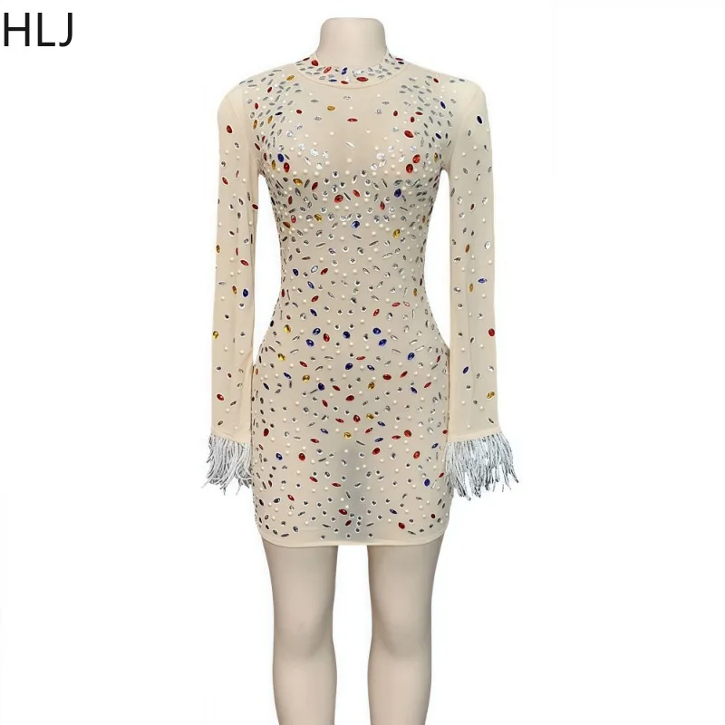 HLJ เซ็กซี่ตาข่าย Rhinestone คริสตัล Bodycon มินิเดรส WomanLong แขนยาวขนสัตว์ Patchwork ชุดหญิงวันเกิด Party Vestidos