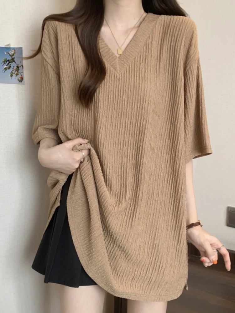 Loose V-Neck Short Sleeve T-Shirt Women's Summer Fashion plus Size Base Shirt Slimming Belly Covering Mid-Length Sleeveless Top