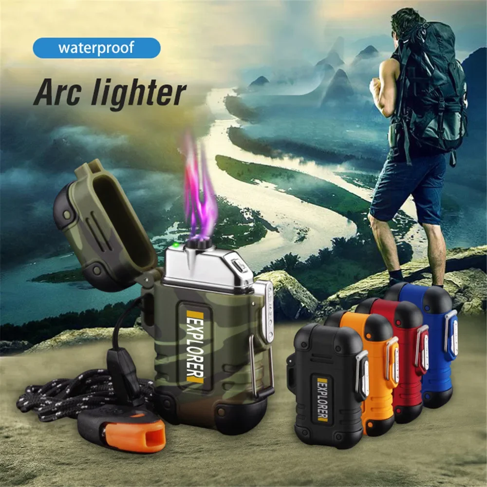 USB Electric Lighter Waterproof Dual Arc Lighter Recharge Electronic Plasma Cigarette lighter for Outdoor Explorer With Whistle