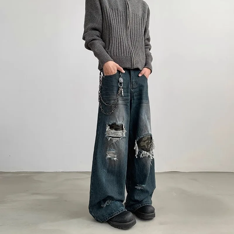 

Камуфляжные джинсовые брюки в стиле ретро American Vibe для мужчин и женщин, свободные широкие брюки, прямые брюки длиной до пола, модные лоскутные джинсы для пар