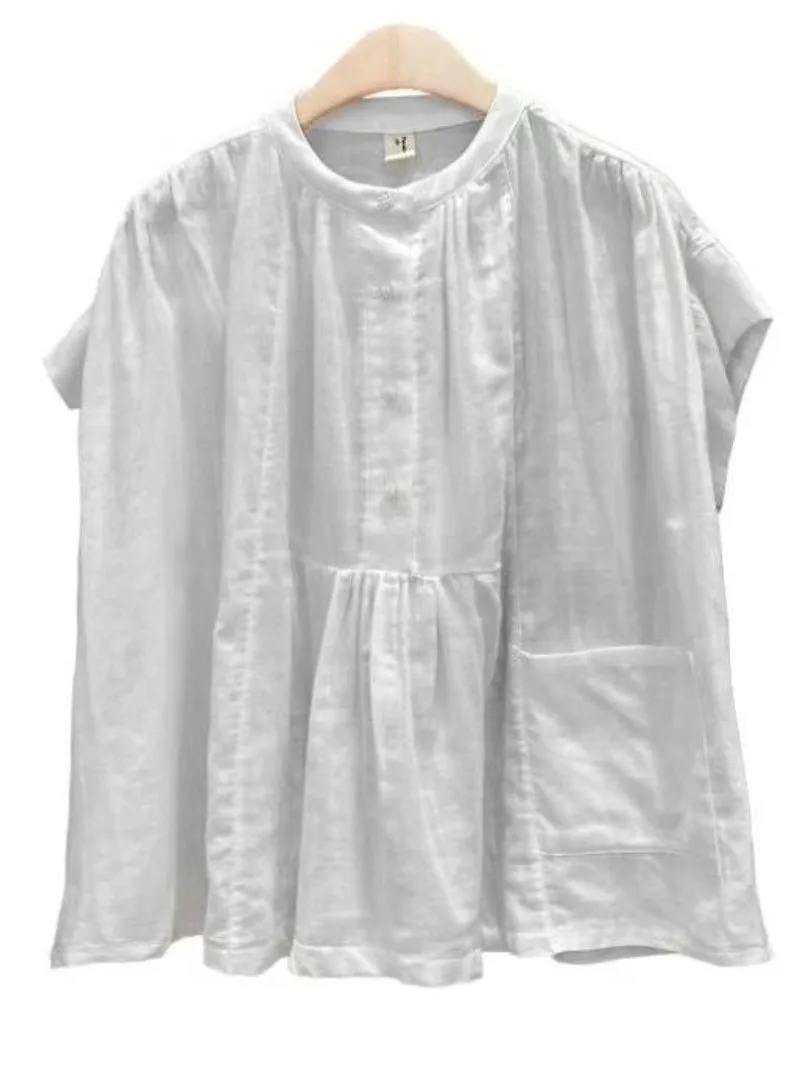 Elegancki, retro, japoński, luźny, swobodny top damski z okrągłym dekoltem, zapinany na guziki, idealny na wiosnę i lato.